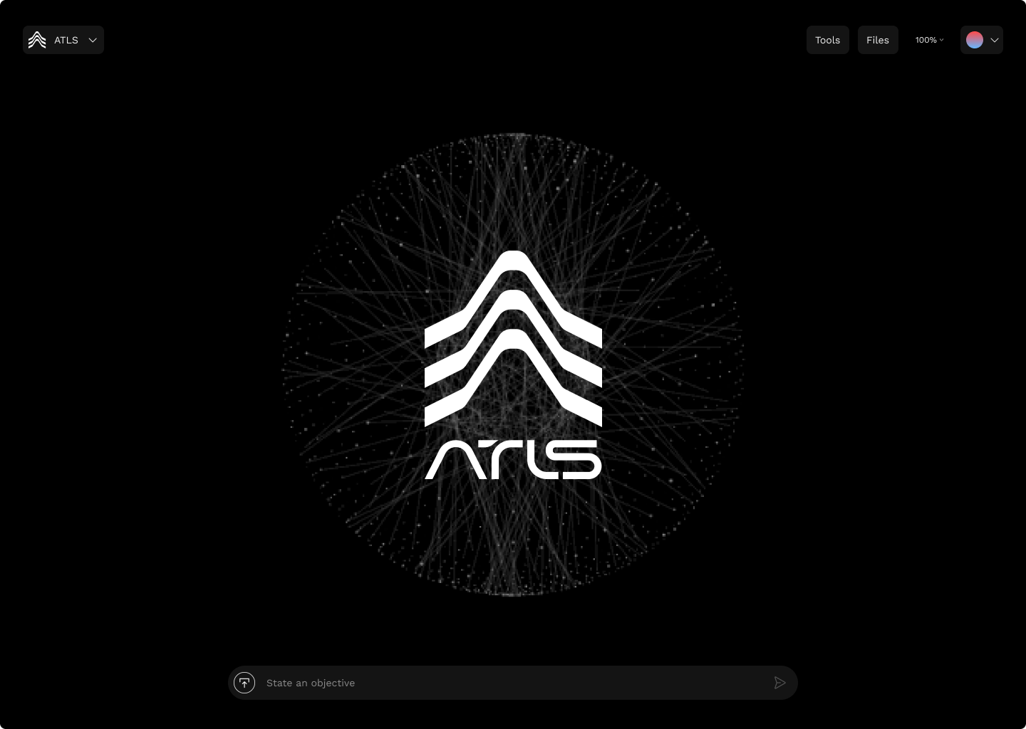 ATLS interface with a white logo over a network visualization